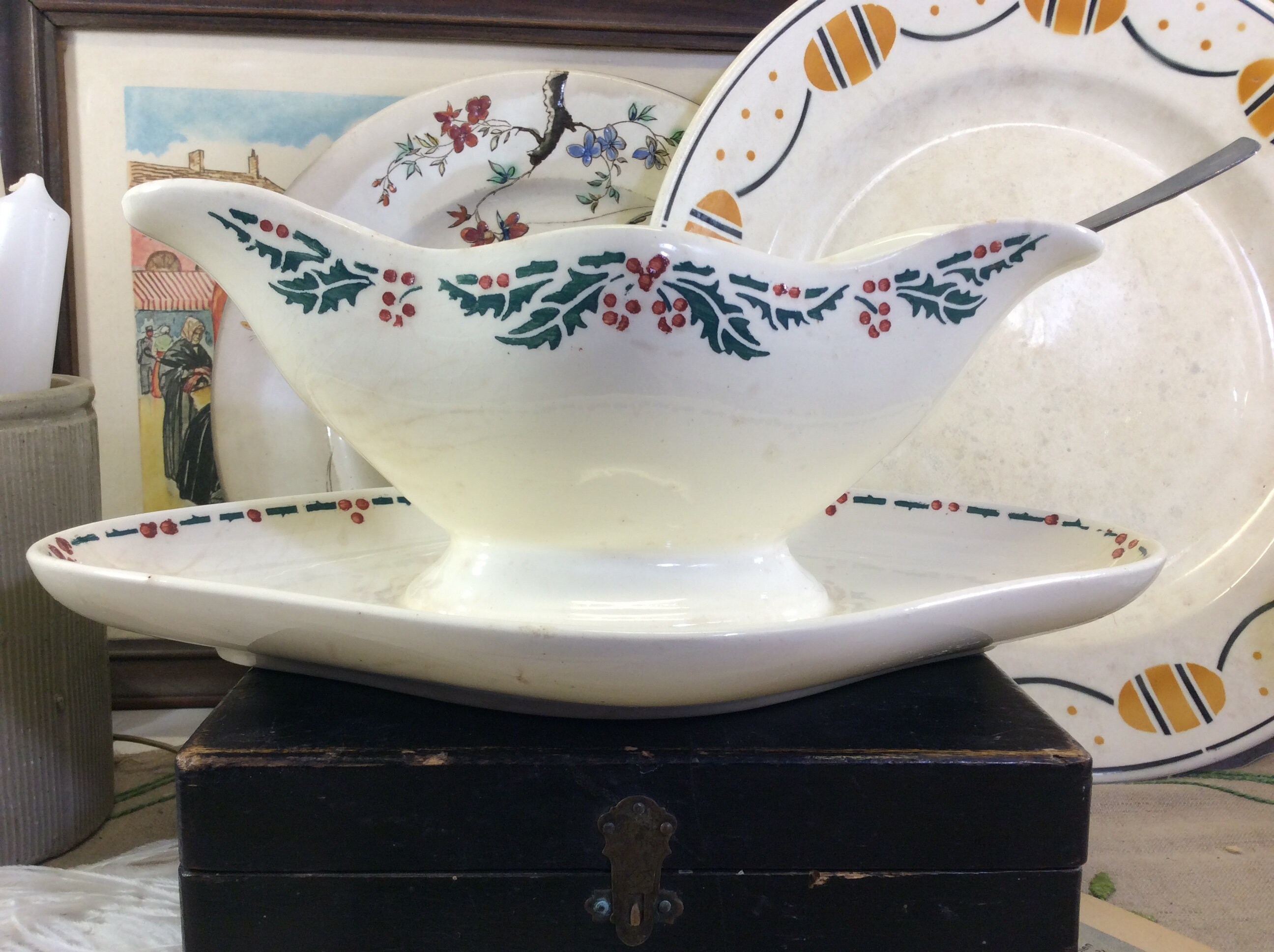 Français Vintage Holly Decor Sauce Boat, Antique Houx Saucer, Epc Hb C Stamped Holly, Houx, Christma