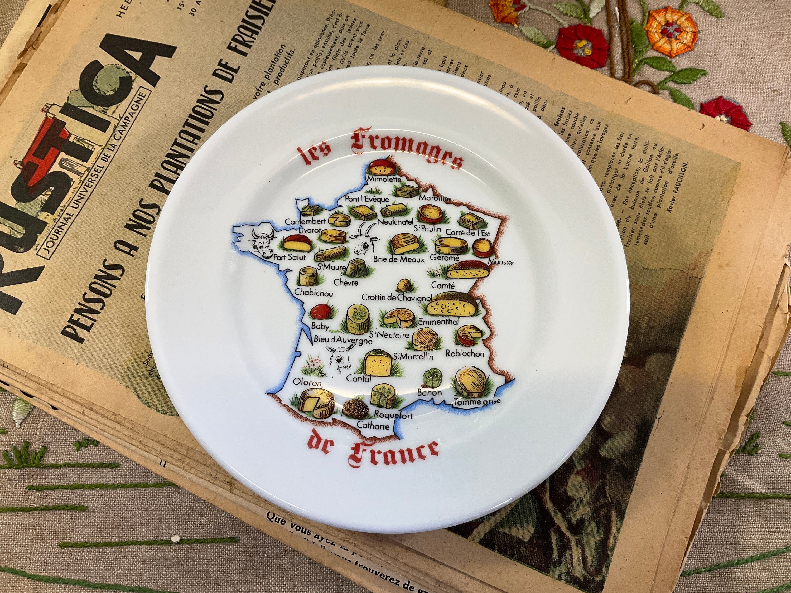 1 Français Assiette de Fromage en Porcelaine Limoges, La Carte France, Petit Français, Camembert