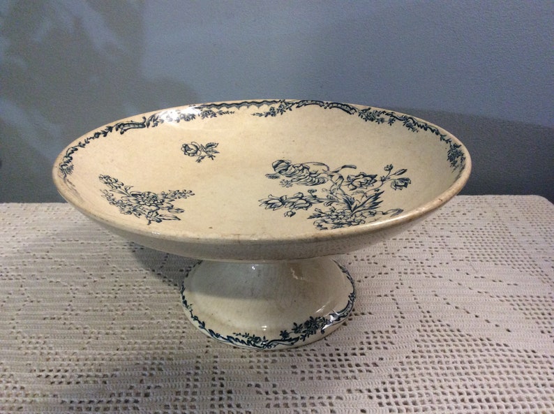 French Antique Salins Compotier Blue Flowers Cake Stand Antique French Salins Saxe Footed Plate