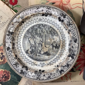 Antique Ironstone Louis Lebeuf Montereau 1800s Decorative Plate - Antique Montereau Black Transferware Story Plate On Apple Picking