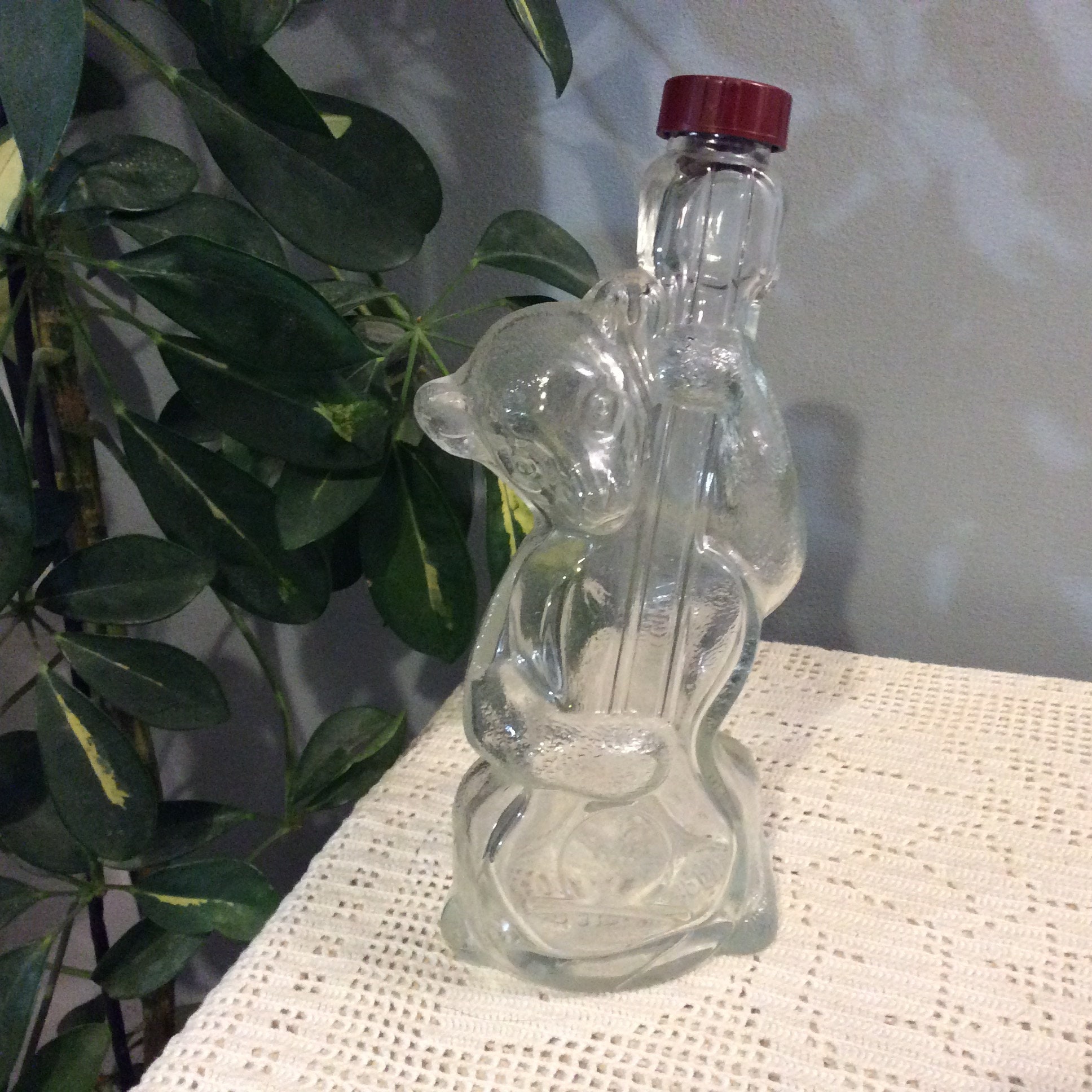 Vintage Français Durand Clear Glass Cello Playing Bear Sirop Bottle, Bouteille en Verre Décoratif, d