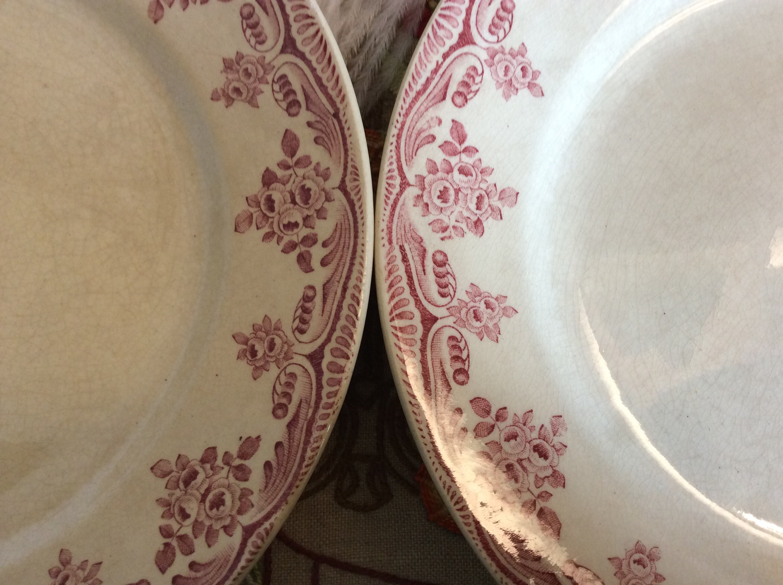 2 Antique Boulenger Choisy Le Roy Terre de Fer Plates, Distressed Pink Roses Plate, Shabby Floral Pl