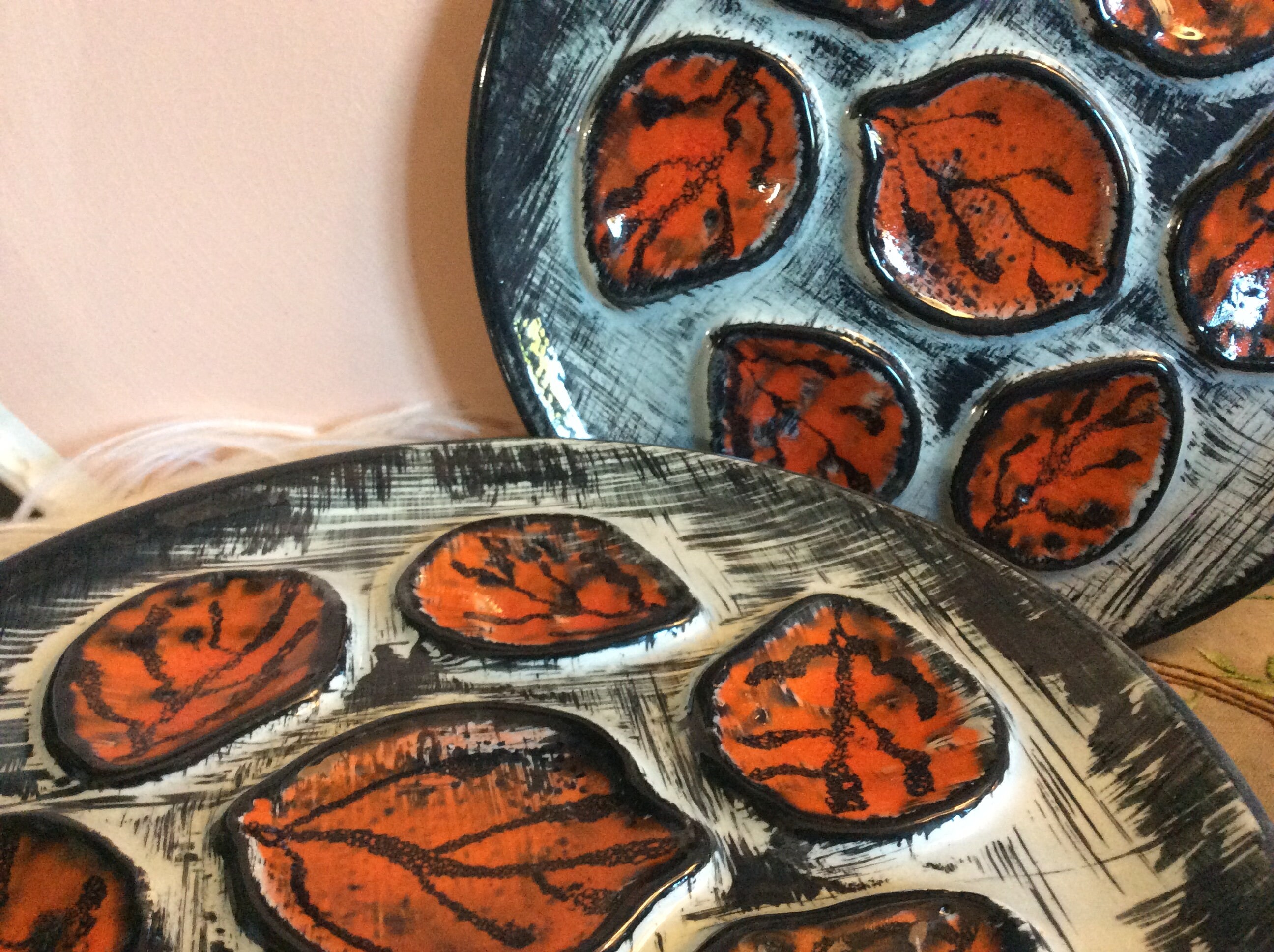 Français Vintage Pornic Assiette d'huître Rouge et Grise - Français Majolica Mbfa Plaque Peinte à La