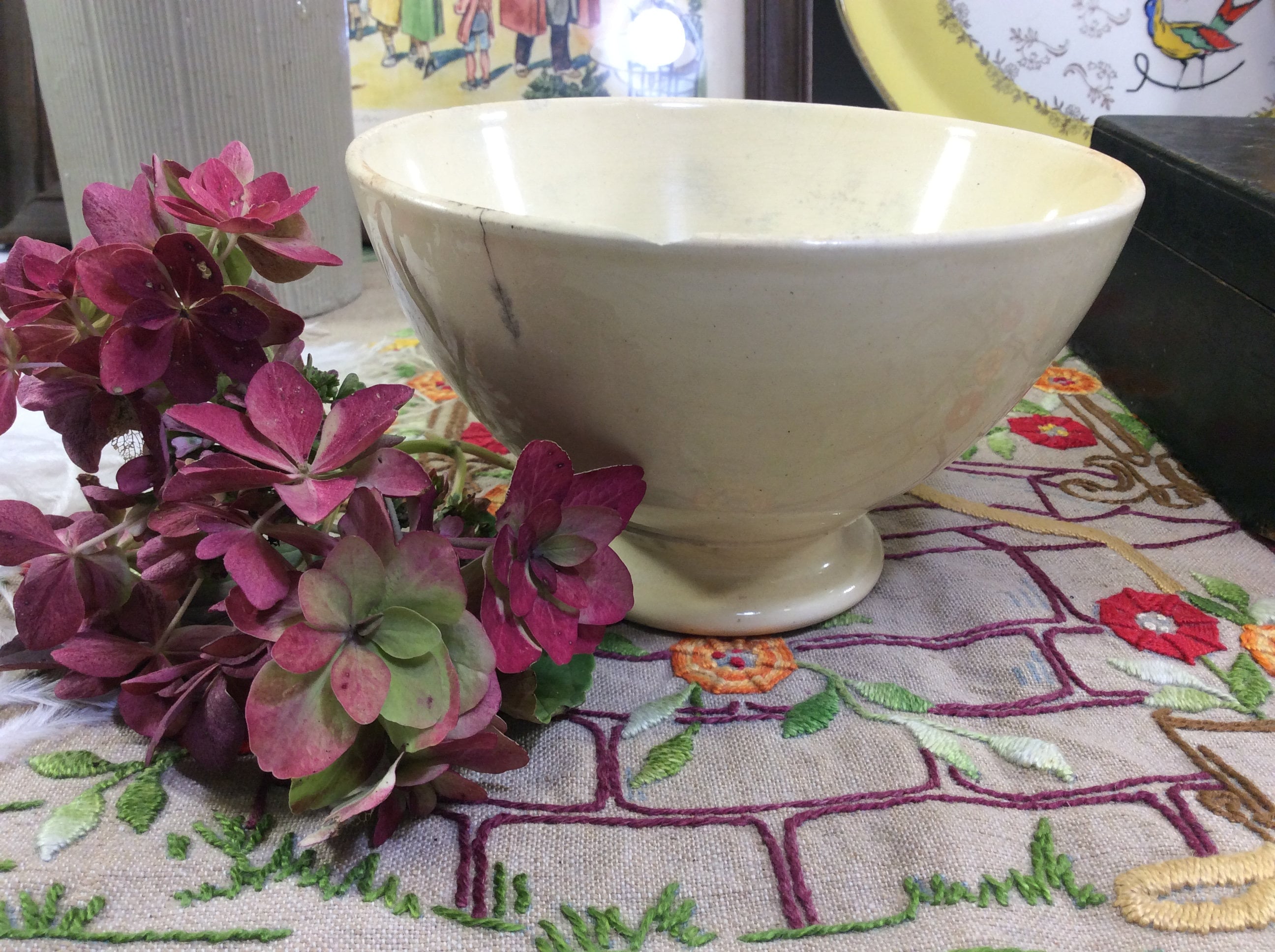 Bol Au Lait Gien Cafe Vintage Français en Détresse, Bol de Petit-Déjeuner Minable Blanc, Old Françai