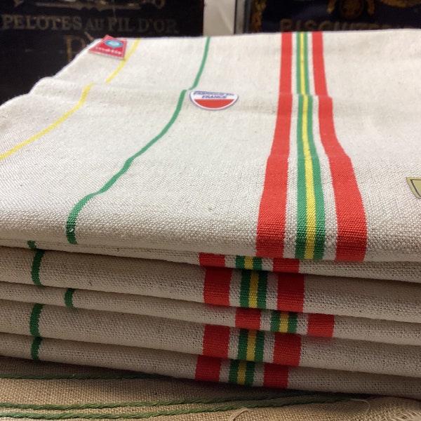 Set of 6 Never Used French Vintage Red Yellow and Green Stripes Thick Tea Towels, 6 French Country Kitchen Tea Towel Cotton and Linen Weft