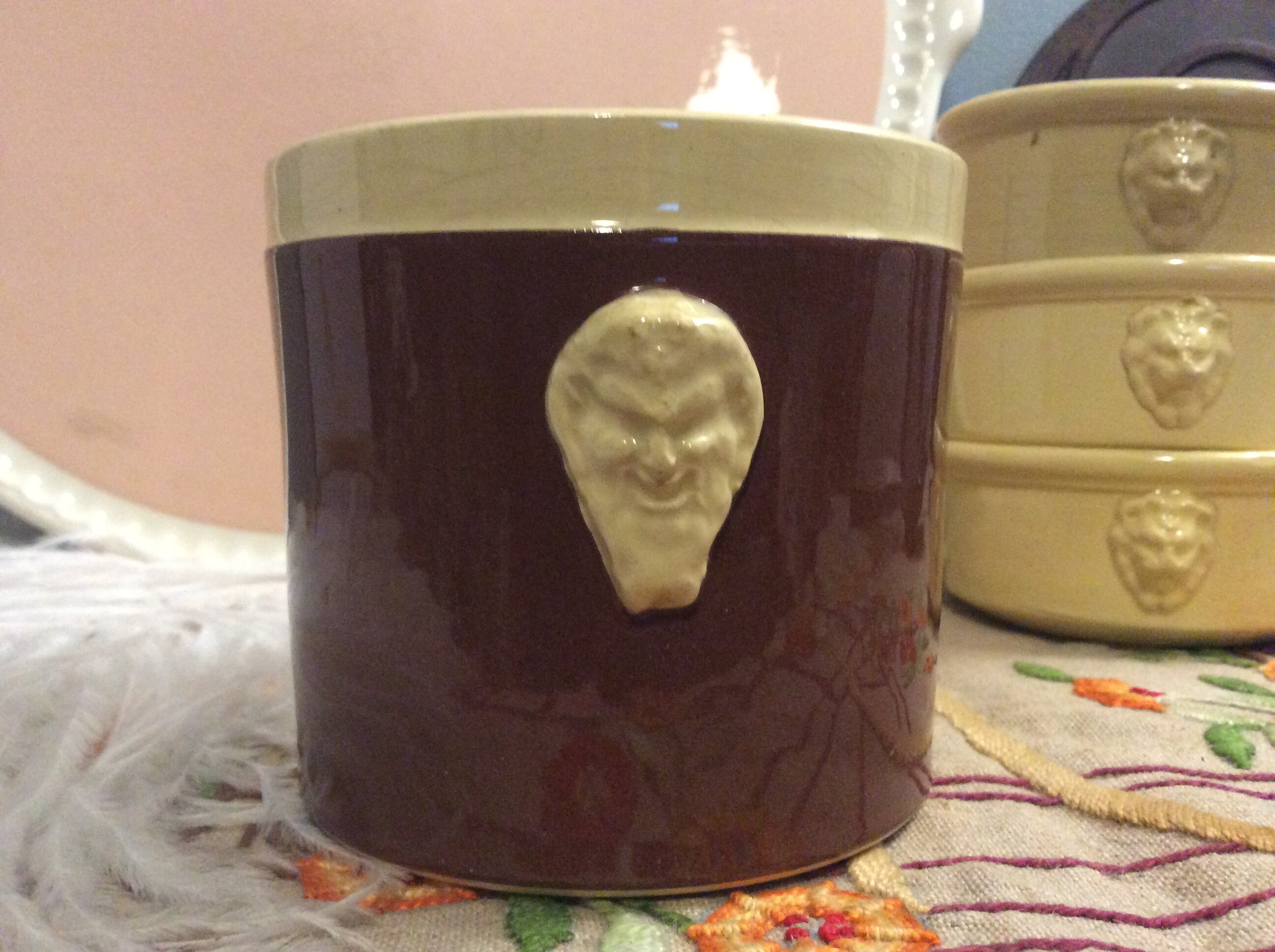 Français Antique Brown & Cream Ceramic Bearded Man Head Pot - Old Français Pate Dish Terre A Feu Uc 