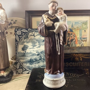 Antique Porcelain Saint Anthony with Baby Jesus Figurine, Porcelain Saint Anthony with Jesus Antique Religious Statuette
