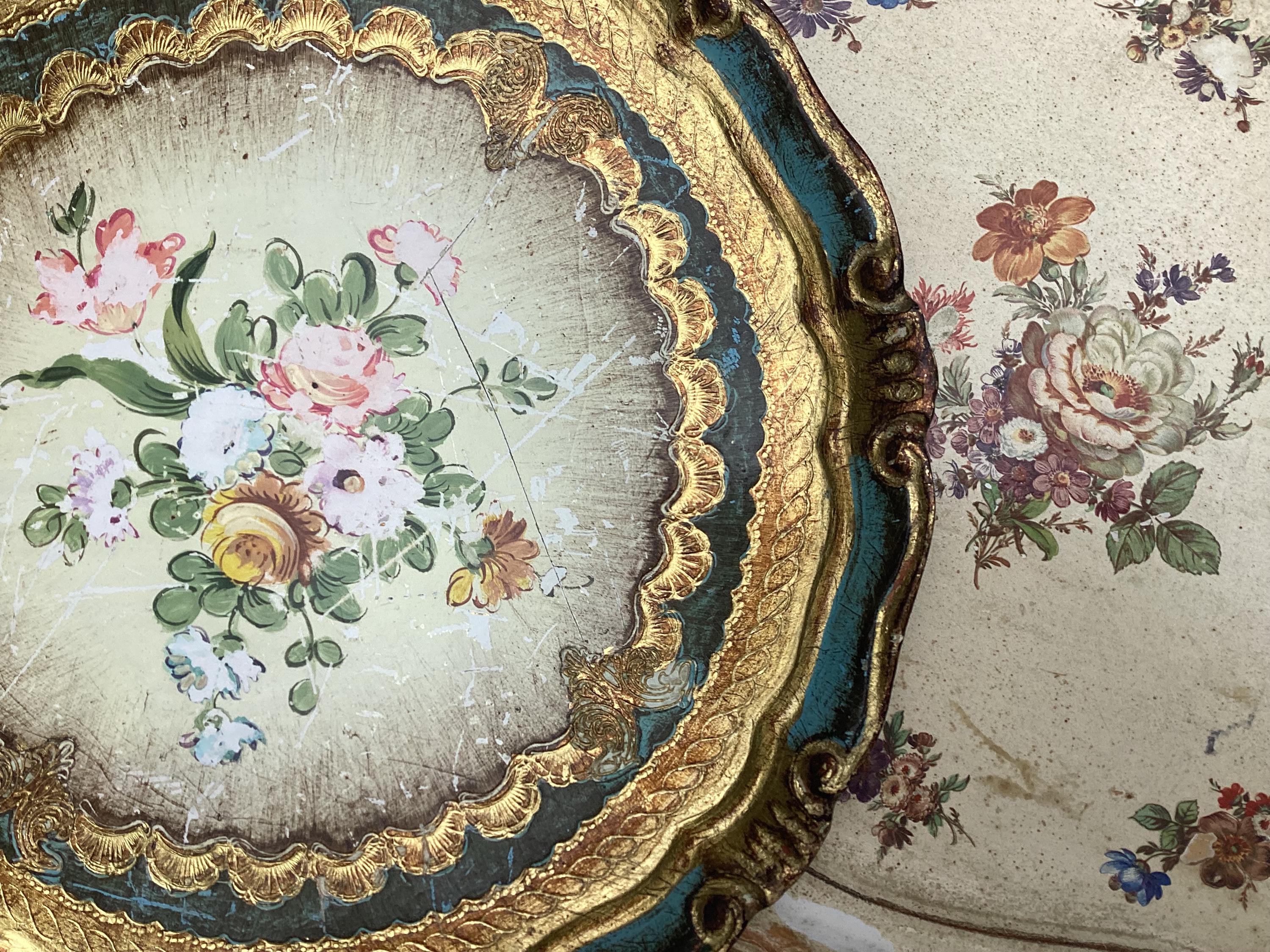 Set of 2 Vintage Florentine Style Ornate Trays with Floral Decor- Kitsch Italian Decorative Shabby Trays - Gold Wooden Italian Tray