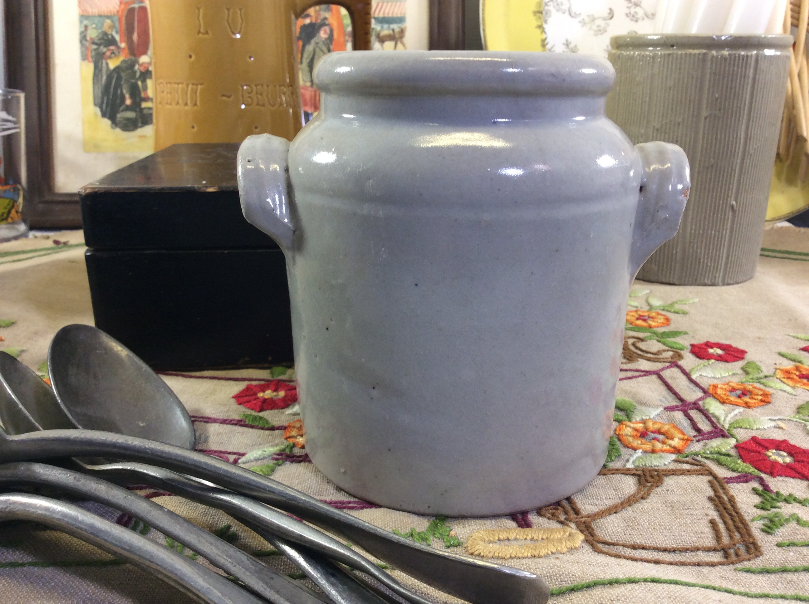 Pot Confit en Grès Émaillé Gris Vintage Français - Petit Pot Faïence Rustique Pot Porte-Ustensiles d