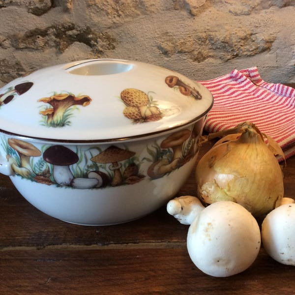 French vintage Pillivuyt Porcelain lidded serving dish, Serving bowl, pie dish, Tureen, Soup bowl, Stew Bowl, Mushroom pattern, Fungi design