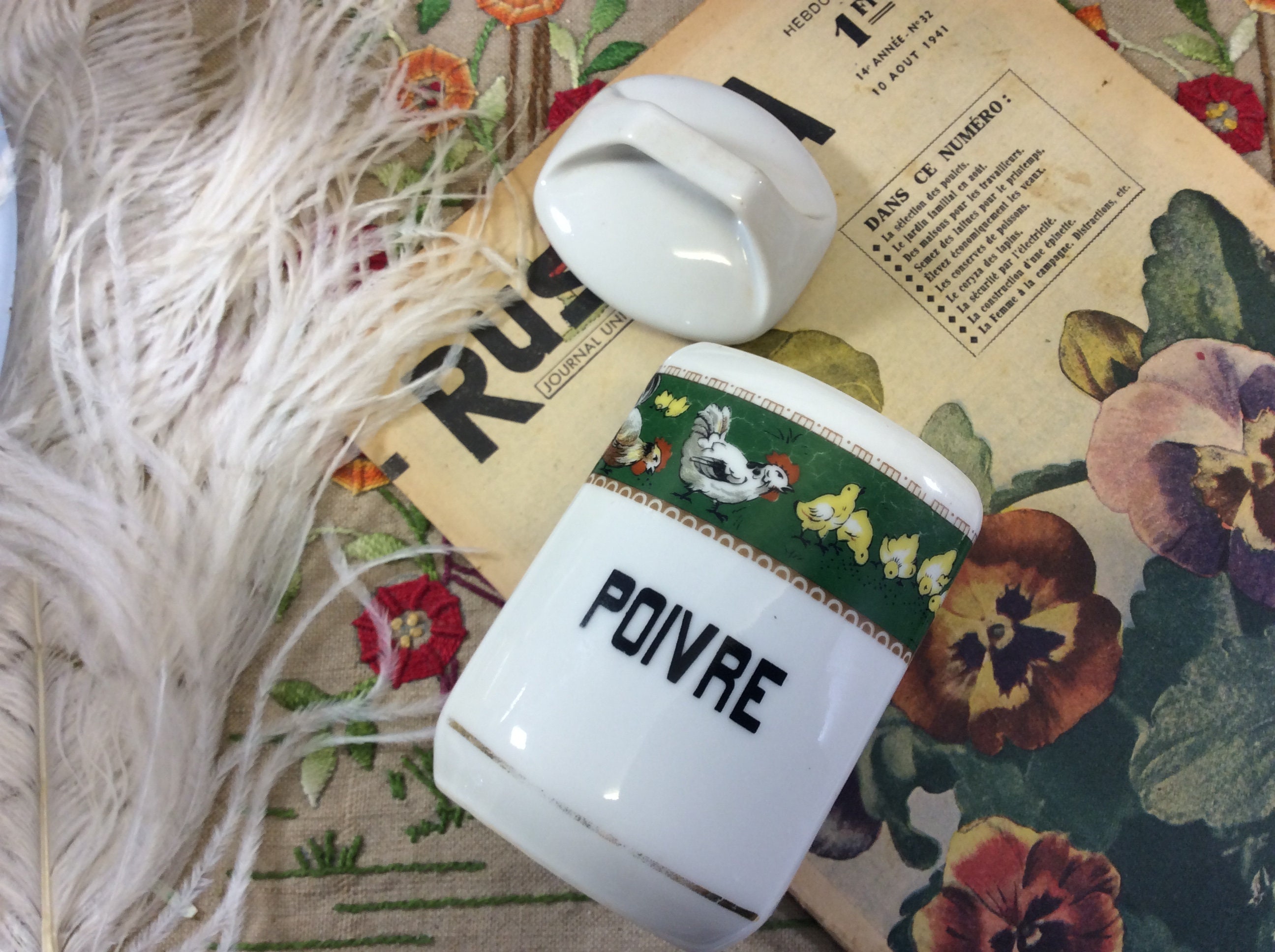 Français Pot d'épices Au Poivre en Céramique Antique - Décoré de Coq, Poule et Poussins, Mignon Pot 