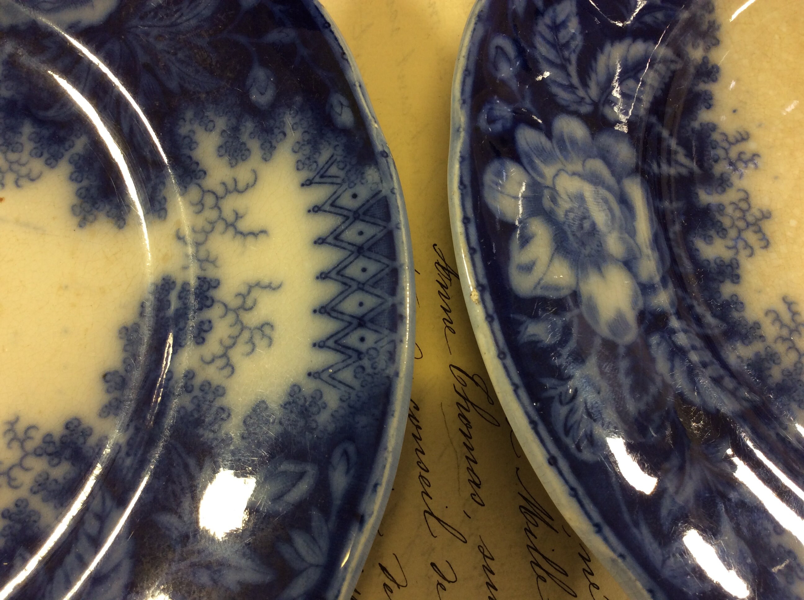 2 Antique U & Cie Sarreguemines Jardiniere Distressed Dark Blue Floral Plaques, Navy Français Plates