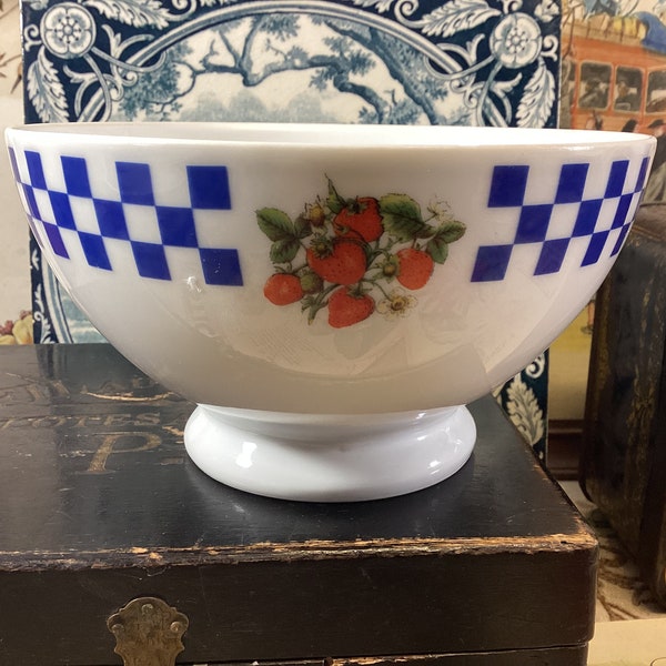 French Vintage Cafe au lait Bowl Decorated with Lemons and Strawberries - Blue and White Checked French Cafe Bowl, Lemon Blossoms Cafe Bowl