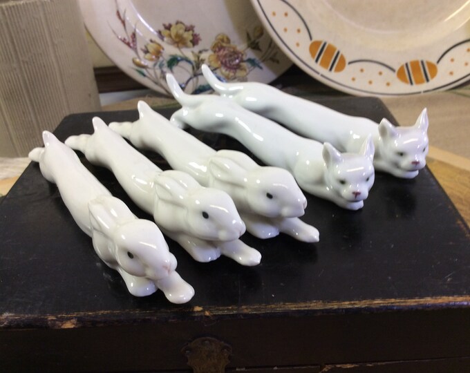 5 French Vintage White Ceramic Animals Cutlery Rests, White Cat Knife