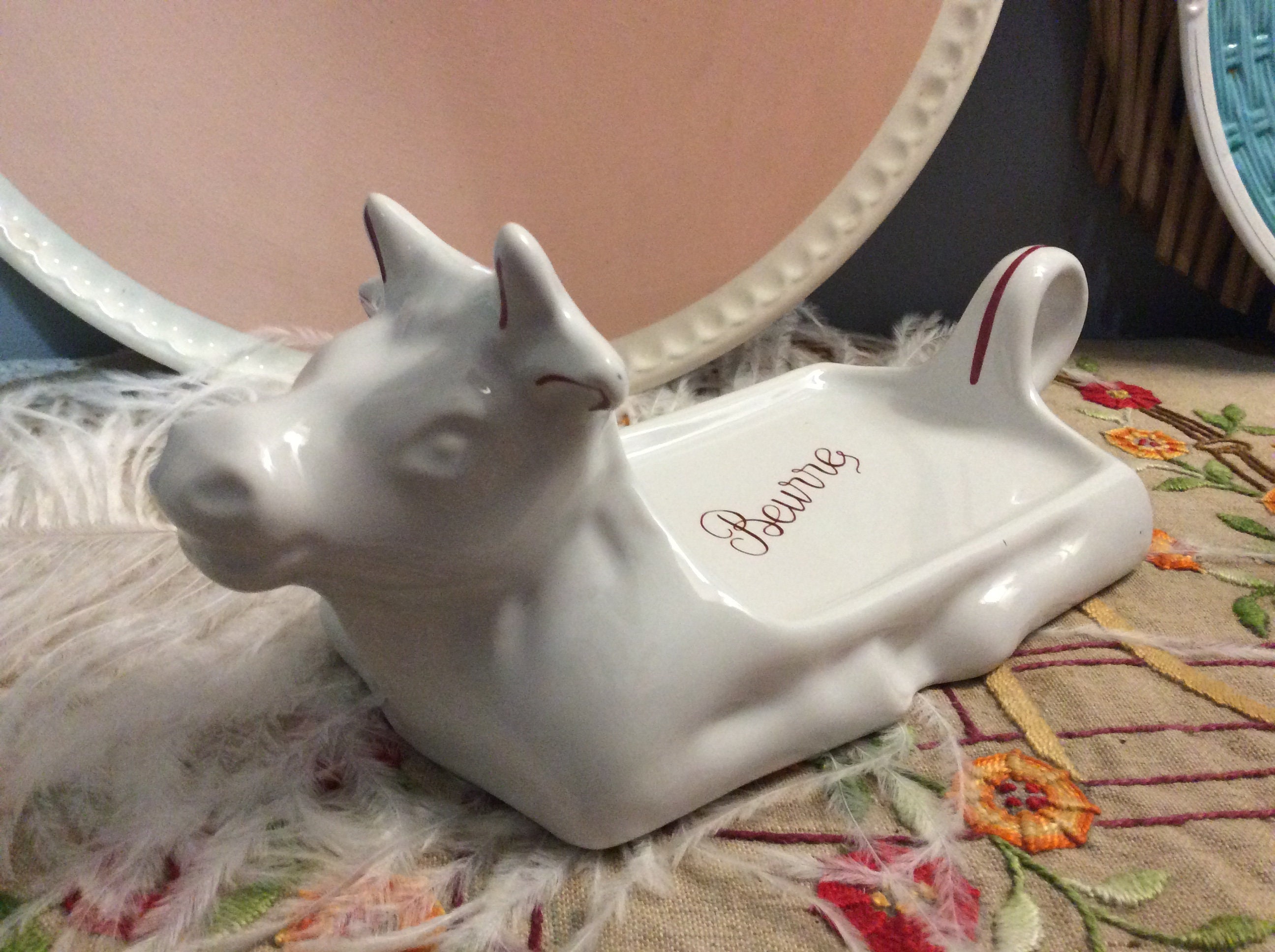 Français Revol Porcelain Cow Shaped Butter Dish, Beurrier Vintage, Apéritif Serving Platter. Plateau