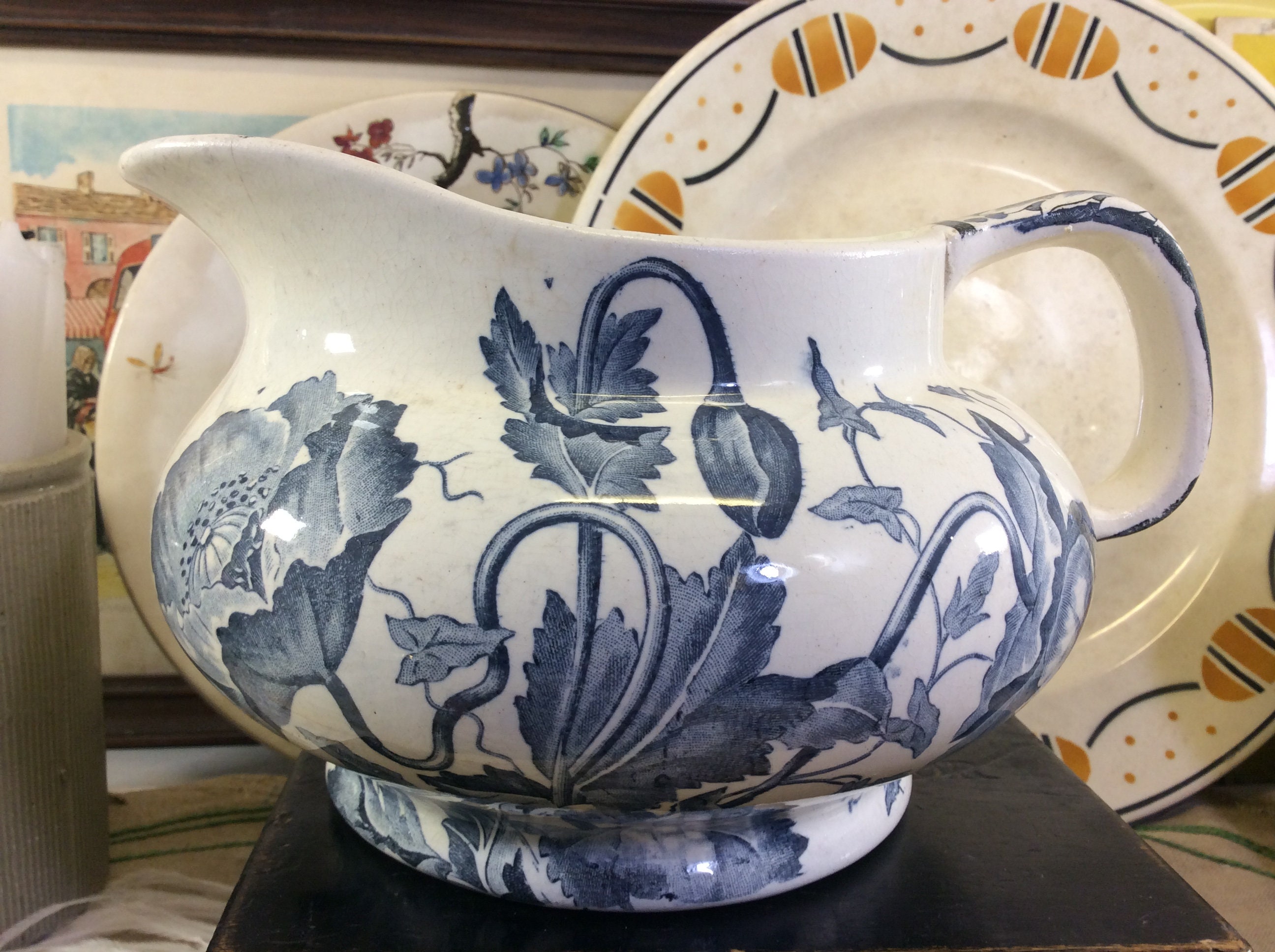 Antique Longchamp Blanc avec Floral Bleu Transferware Pichet en Céramique - Vase Français Antique Pa