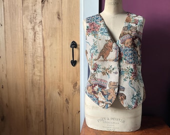 Vintage Northern Traditions Cat Tapestry Waistcoat Vest  Made in Canada- XL Cat Themed Tapestry Waistcoat - Retro Tapestry Vest