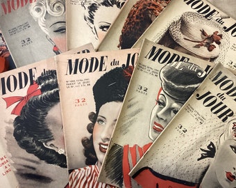 Ensemble de 10 magazines illustrés de mode française de 1941 La Mode du Jour, Craft and Collage, vintage Clothing Shop Prop Decor