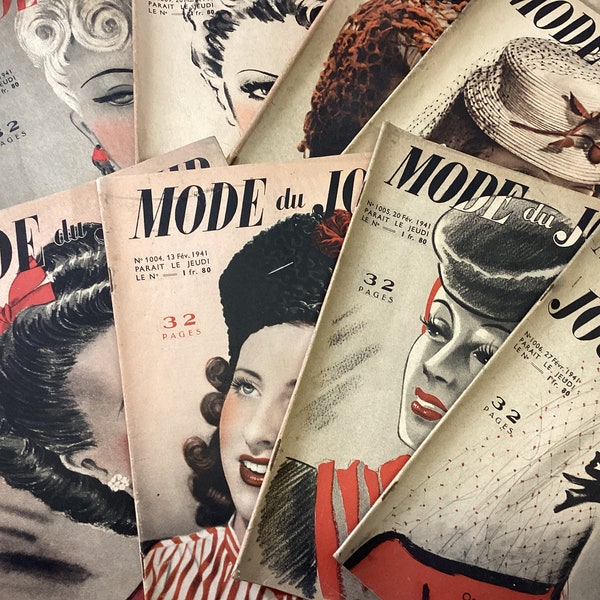 Set von 10 französischen Mode illustrierten Zeitschriften aus dem Jahr 1941 La Mode du Jour, Handwerk und Collage, Vintage Clothing Shop Prop Decor