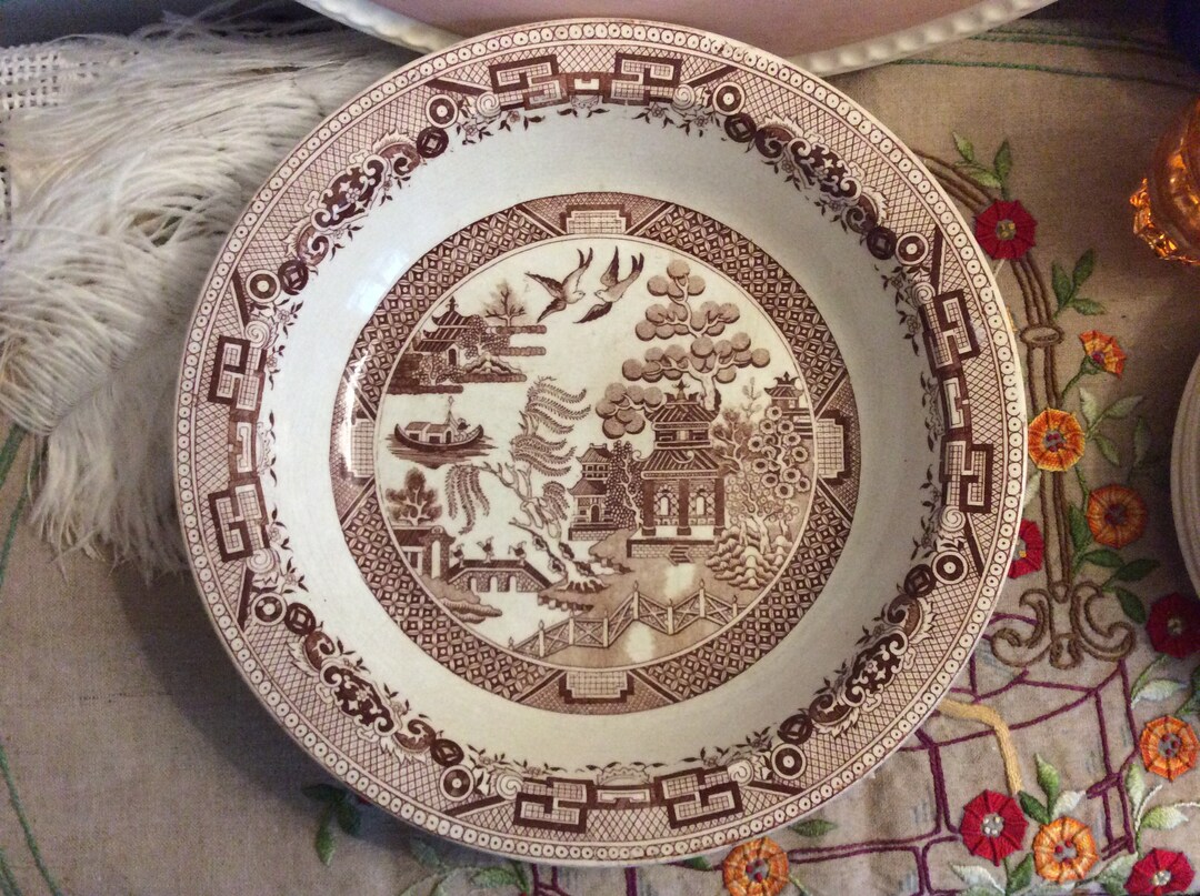 French Antique Gien Brown Willow Pattern Large Bowl, Distressed Antique ...
