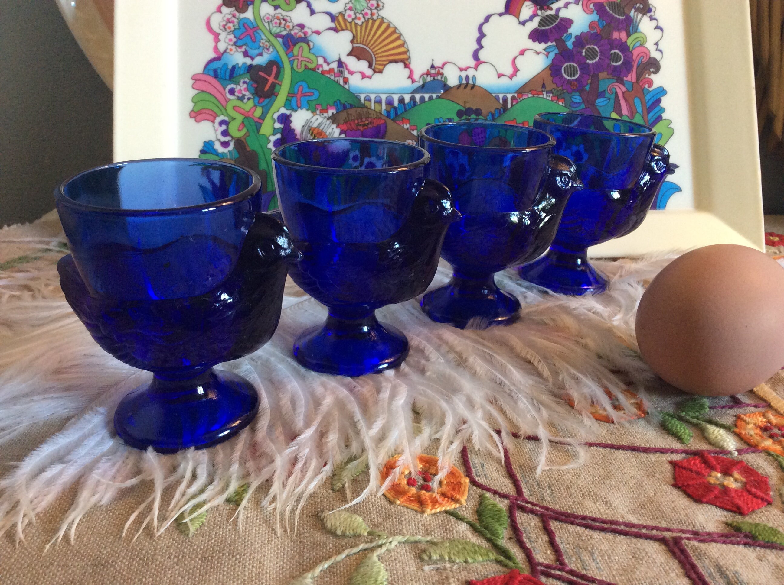 4 Tasses d'œufs en Verre de Poulet, Bleu Cobalt, Poule Royal Bleu, Décor Cuisine Poulet et Poule