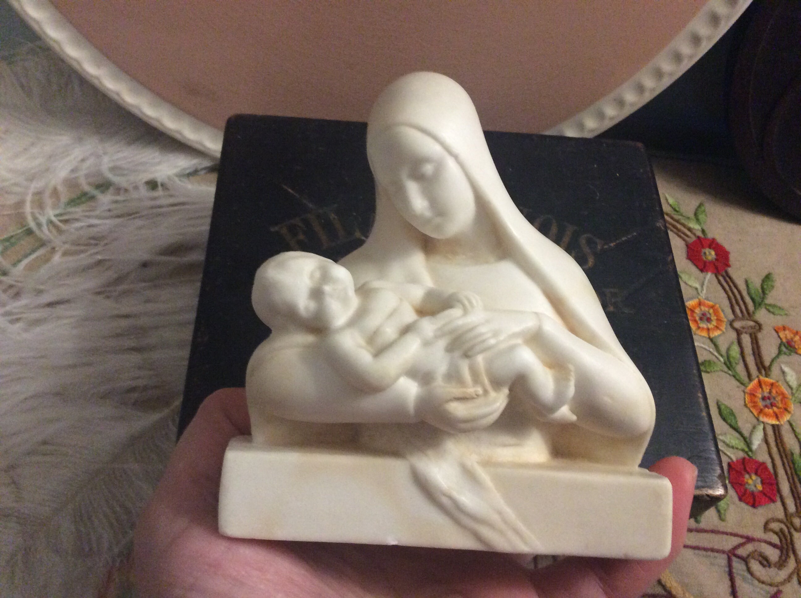 Français Vintage Maria Caullet Naunard Wax Figurine - Petit Buste de Cire La Vierge Marie avec L'enf