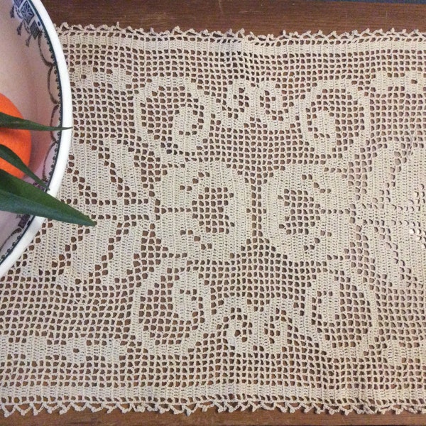 French Vintage Crocheted Cotton Table Runner - Rectangle Crocheted Doily - Crochet Table Centerpiece - Crocheted Half Curtain