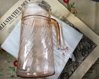 Vintage Rosaline Pink French Arcoroc Swirl Glass Water Pitcher, Rosaline Blush Pink Glass Lemonade Carafe, Rosaline Pitcher