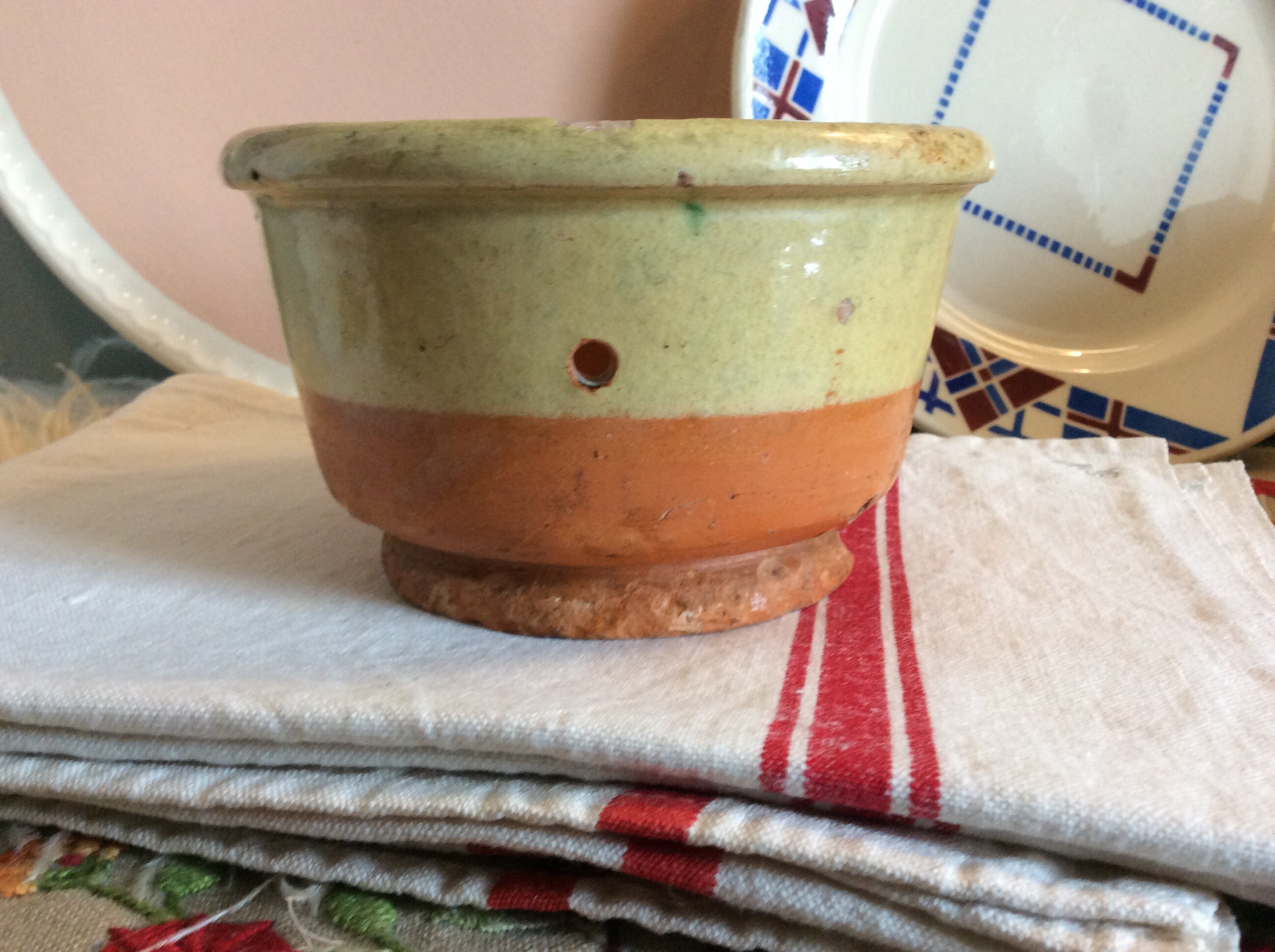 1 Antique Glazed Stoneware Français Cheese Faisselle, Rustic Earthenware Mold, Pottery Drainer