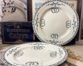 Set of 2 Antique Montholon Salins Ironstone Plates, Elegant French Antique Plates with Bows and Laurel Crowns