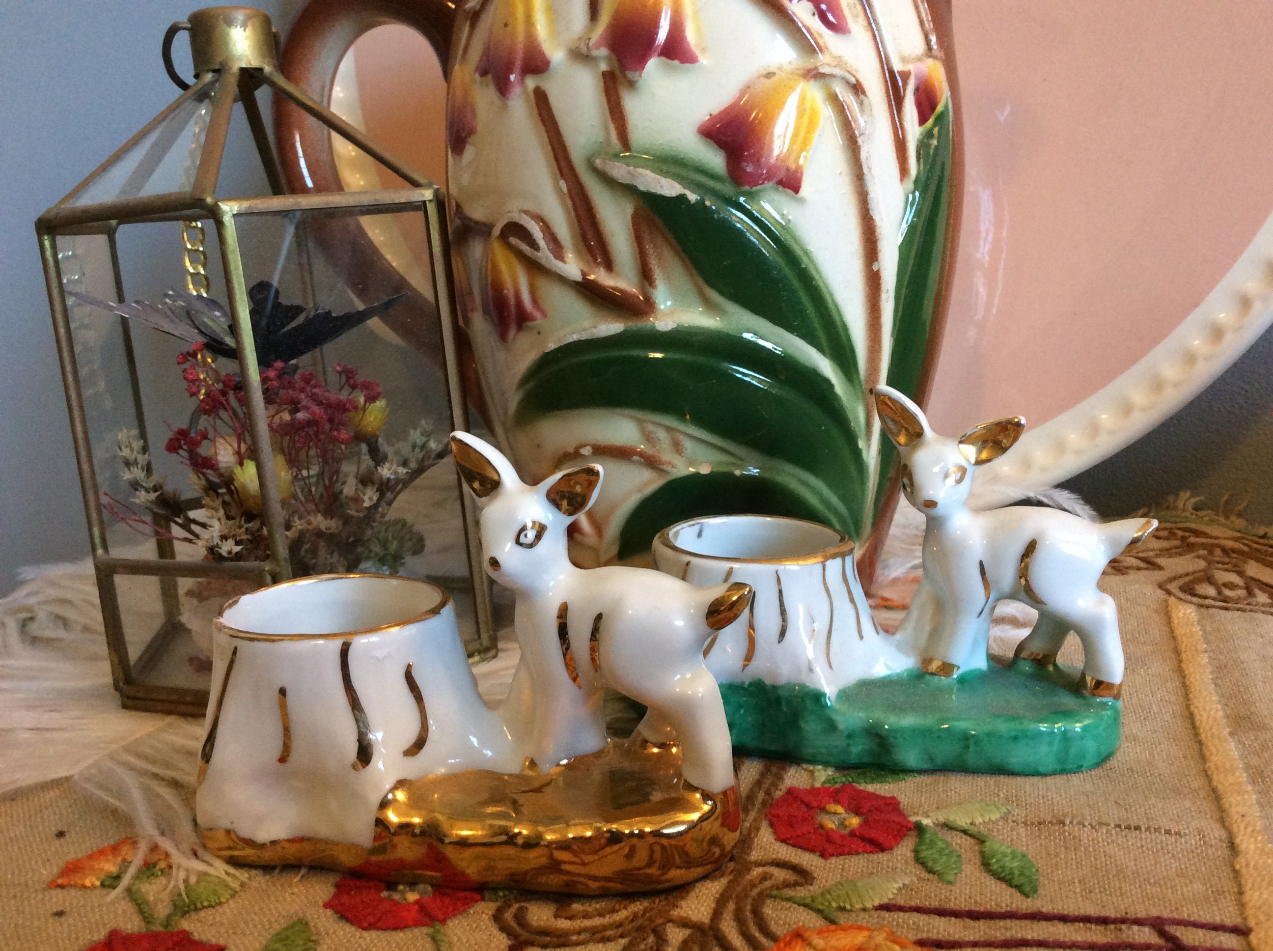 2 Figurines en Porcelaine de Cerf Veau Français Vintage - Décor Bambi Figurine Céramique Doe Mignon 