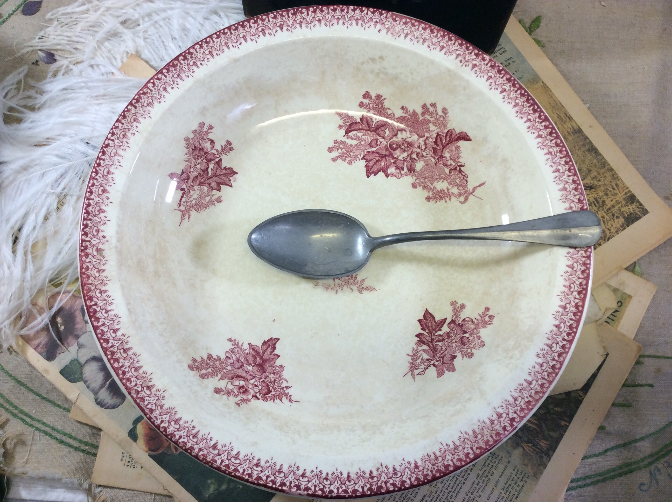 Antique Teastained Onnaing Eglantines Hollow Round Dish, Pink Briar Roses Large Deep Plate, Old Fash