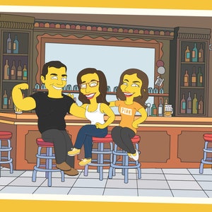 Op de afbeelding: Een cartoonachtige illustratie van drie mensen in een bar. De man spant zijn armspier aan, terwijl de vrouwen naast hem zitten. De bar heeft krukken, planken met flessen en een spiegel. Eén vrouw draagt een oranje shirt met "PINK".