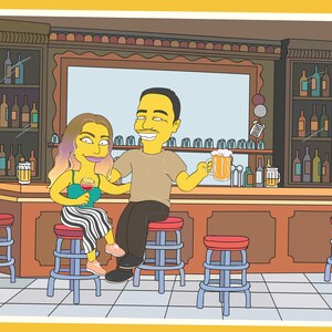 May include: A cartoon illustration of a couple sitting at a bar. The woman is wearing a striped dress and holding a glass of wine. The man is wearing a brown shirt and holding a glass of beer. The bar is decorated with shelves of bottles and glasses.