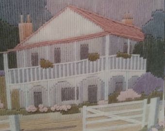 Vintage embroidery kit, quaint old house, australian home, colonial look. Longstitch kit. Fabric wool needle included.