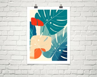 Lámina artística de hoja de monstera, decoración tropical retro