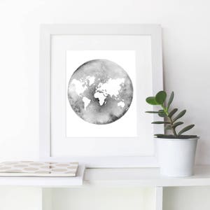 Printable art World map wall art Instant download Map of the world Printable art Black and white watercolor map World map poster Map print