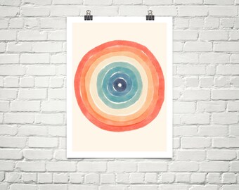 Retro decor. Retro poster. Vintage wall art. Retro colors. Rainbow circle. Line art. Abstract. Minimal. Retro colorful decor. Geometric art