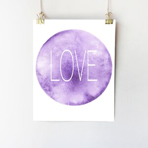 Love sign. Love art print. Love poster. Typography print. Purple watercolor print. Purple wall art. Watercolor circle. Love painting.