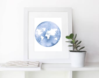 Instant download printable art World map wall art Instant download Map of the world Watercolor map World map poster Map print Blue map