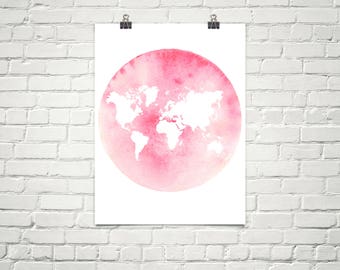 Pink world map wall art. Pink world map poster. Map art. Map of the world Minimalistic art Watercolor painting. Pink map. Map print.