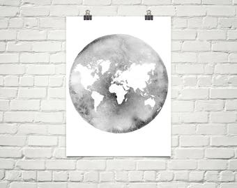 Carte du monde. Carte noire et blanche. Art de mur de carte du monde. Carte de l’art. Art minimaliste. Peinture à l’aquarelle. Affiche de carte du monde Impression de carte grise.