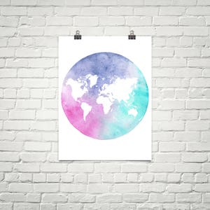 Buntes Karte Poster. Karte der Welt. Karte Kunst. Weltkarte Wandkunst Minimalistische Kunst Aquarell Malerei Karte Druck Helle Aquarell Karte