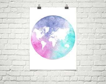 Watercolor World Map Art Print, Colorful Minimalist Design
