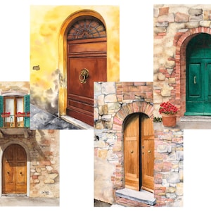 May include: Five watercolor paintings of doors in various styles. Each door is set against a different background, including brick walls, stone walls, and a yellow building. The doors are all different colors, including brown, green, and blue. Some of the doors have decorative details, such as ironwork or knocker.