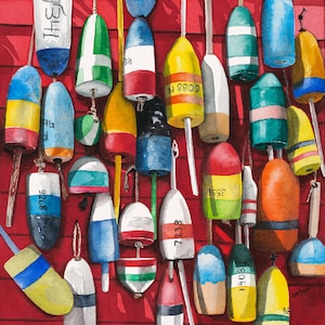 Lobster Trap Buoys, Giclee Print from Original Watercolor Painting