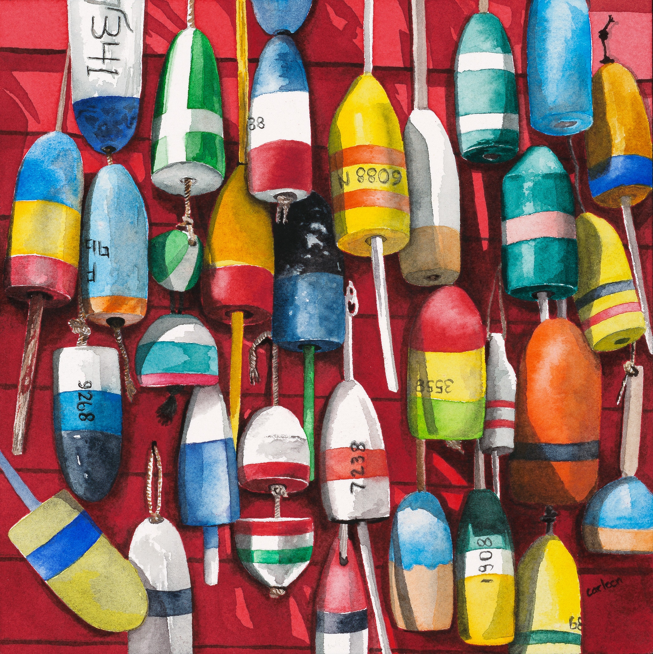 Lobster Trap Buoys, Giclee Print from Original Watercolor Painting