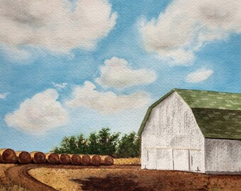 White Barn, Original Watercolor Painting
