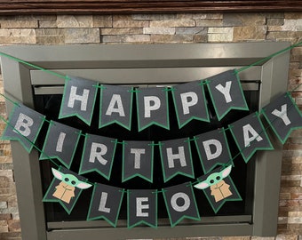 Happy Birthday Banner- Black/green with silver letters; 3 strings.