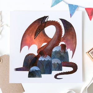 Red Dragon Rock Illustration Art Print, Fantasy Themed Home Decor, Square Mythical Creature D&D Art Print 20.3cm x 20.3cm